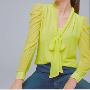 Women Top WHITE HOUSE BLACK MARKET Yellow Sheer Long Puff Sleeve Tie Neck Blouse
